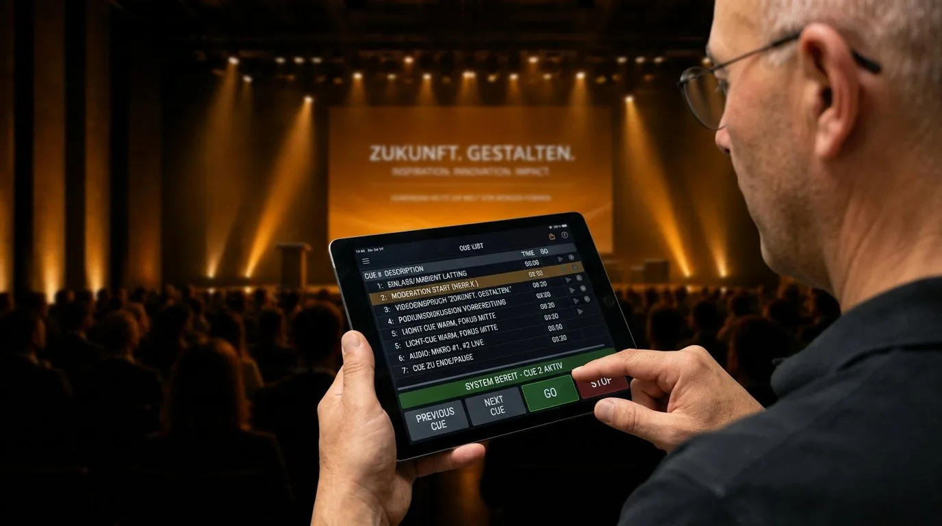Live-Showcalling auf dem iPad: die Cue-Liste in der Hand, Bühne unscharf im Hintergrund